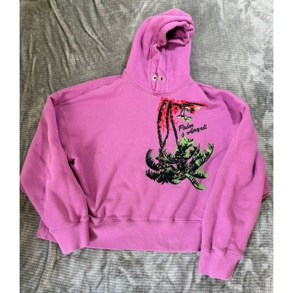Palm Angels Pink Embroidered Palm Tree Boxy Hoodie PMBB058S23FLE010 XS